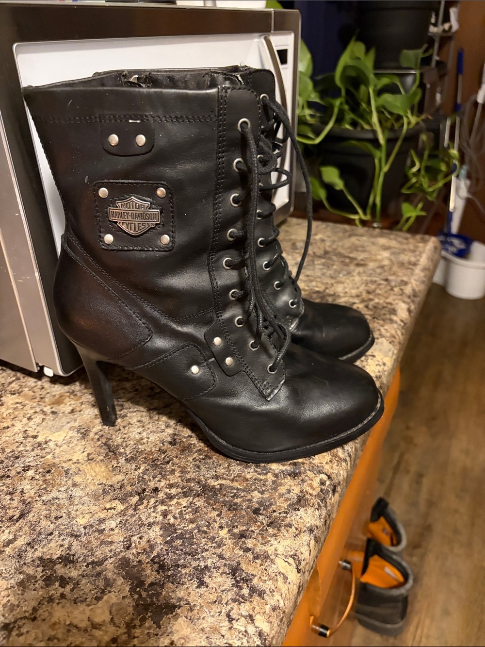 Harley-Davidson Black Leather Lace-Up Stiletto Ankle Boots